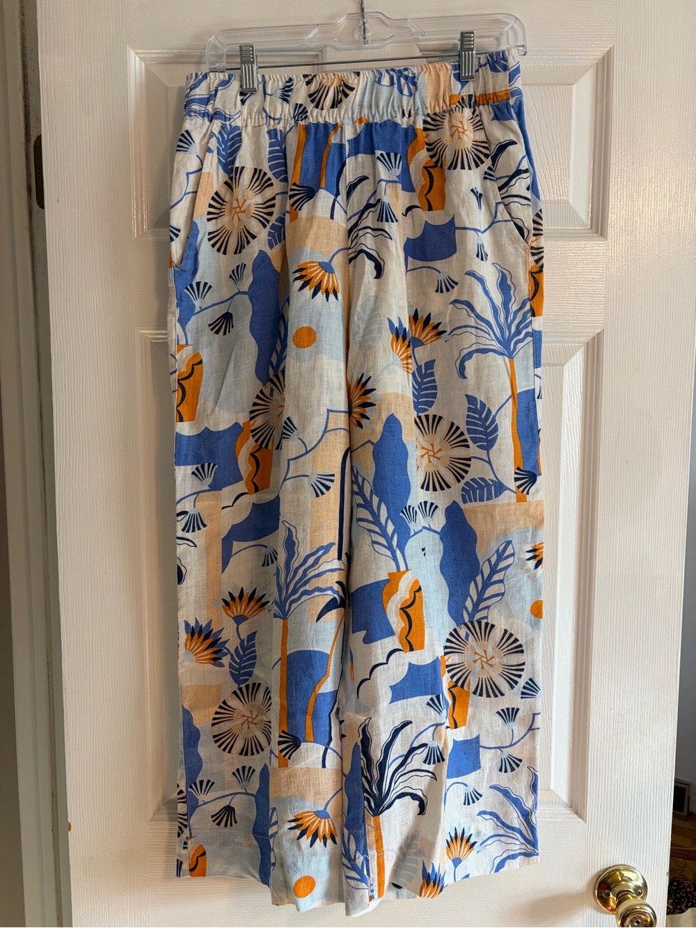Nicole Miller New York 100% Linen Tropical Wide Leg Pants M Blue Orange Coastal